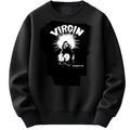 Black sweatshirt with graphic design and text on a white background