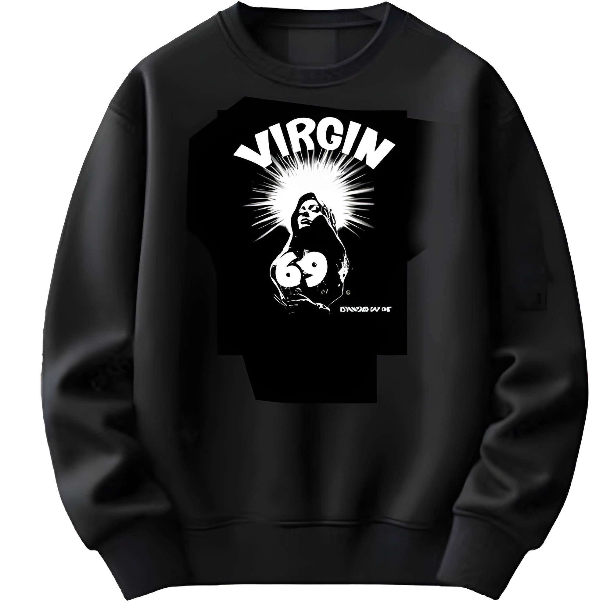 Black sweatshirt with graphic design and text on a white background