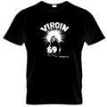 Black t-shirt with graphic design and text on a white background