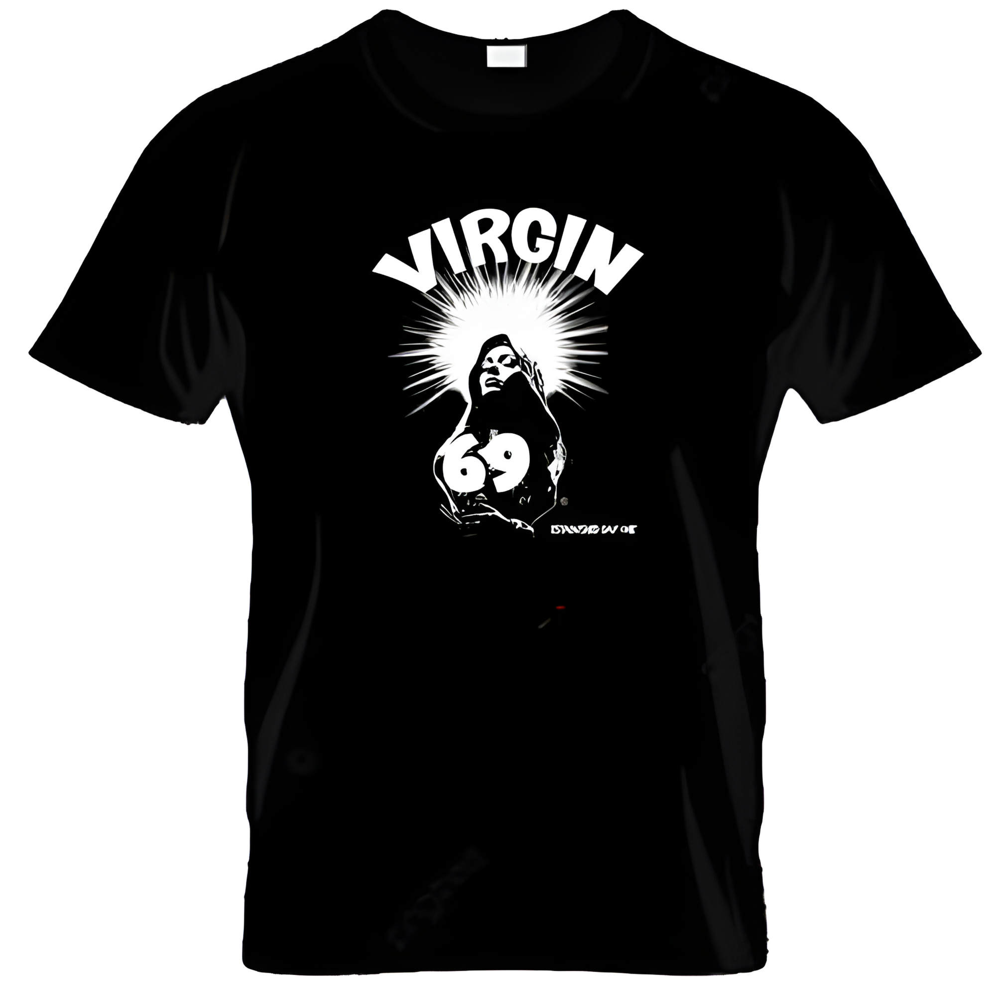 Black t-shirt with graphic design and text on a white background