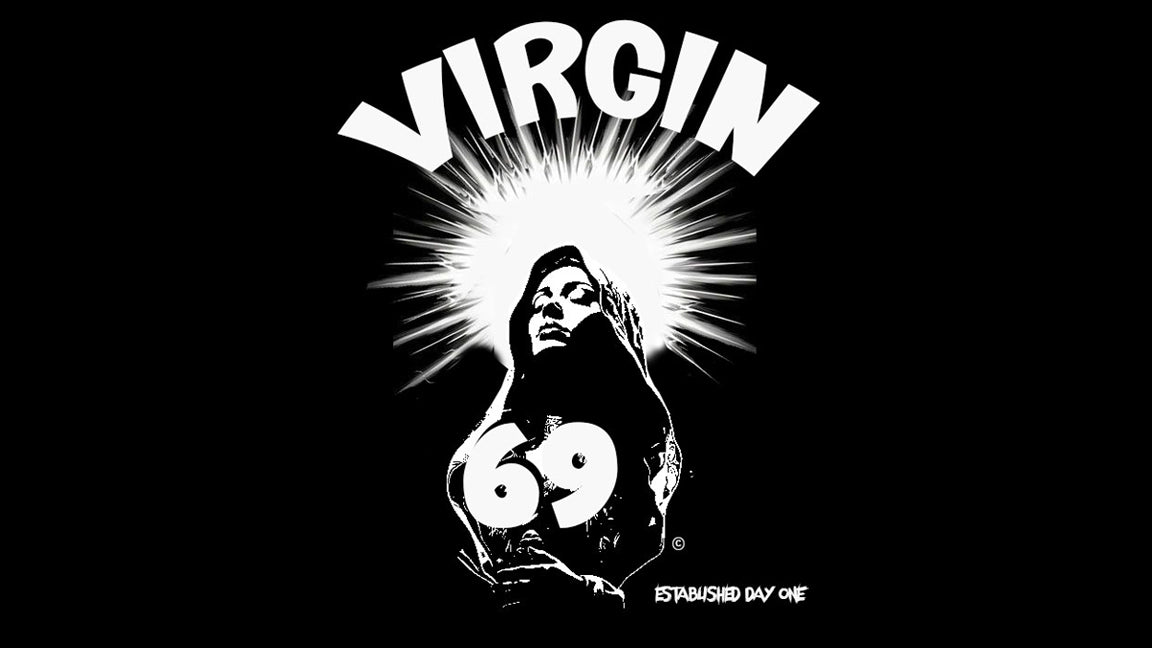 Black and white graphic with 'Virgin69' text and a stylized figure on a black background